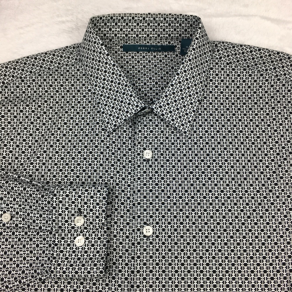 Perry Ellis Dress Shirt Mens XL Black & White Print‎ Long Sleeves